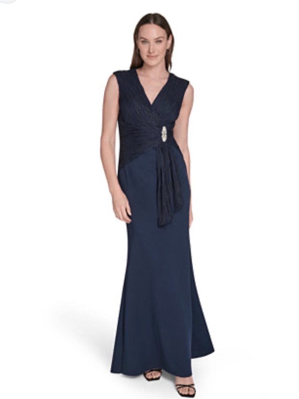 Jessica Howard Navy Sleeveless Maxi Dress  Ruched ** flawed missing brooch